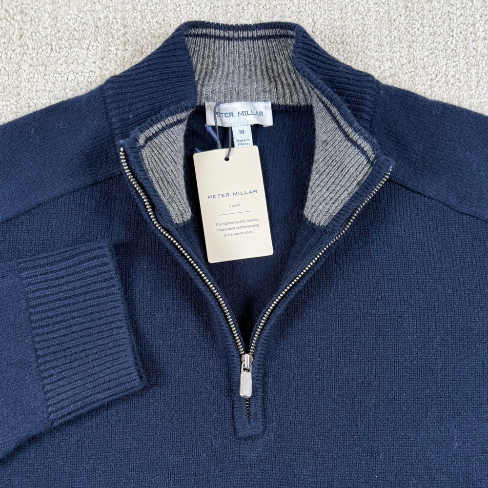 NEW Peter Millar Mens Medium Navy Wool Yak Cashmere 1/4 Zip Sweater MF25S05